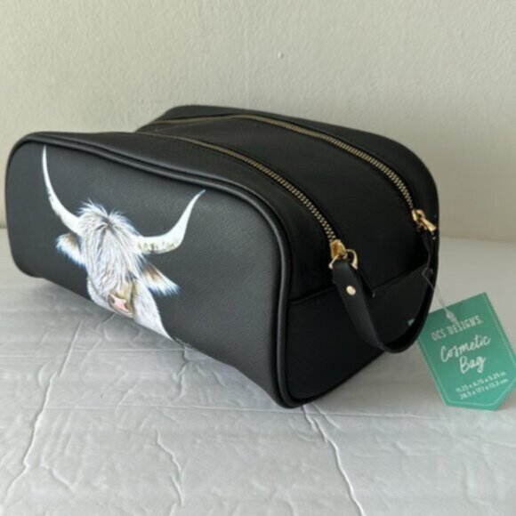 OCS Design Cow Large Cosmetic Bag Pouch Black Top Double zip closure & handle - Picture 6 of 16